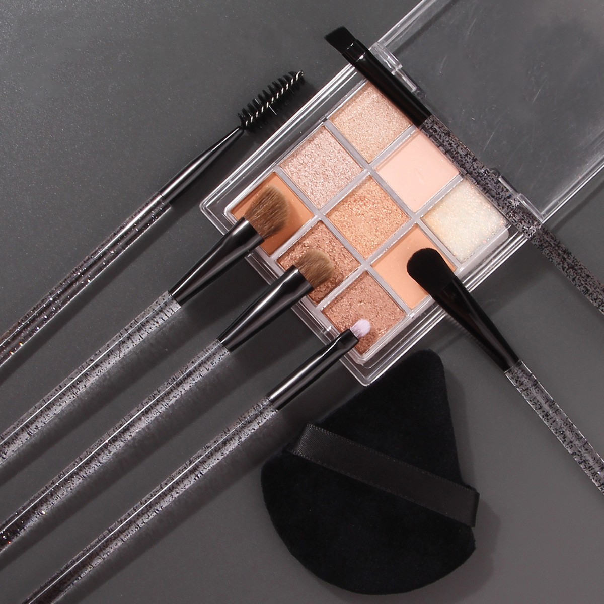 Hot-selling crystal handle 6-piece eye makeup brush set, eyeshadow mascara brush, ultra-thin fine eyeliner brush, triangular powder puff Specification drawing