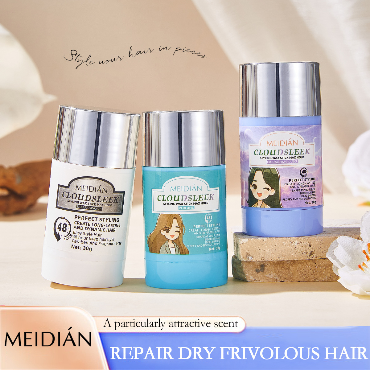 Cross-border exclusive Meidian solid hair wax sticks for breaking hair, styling and finishing, matte and long-lasting setting solid hair wax full figure