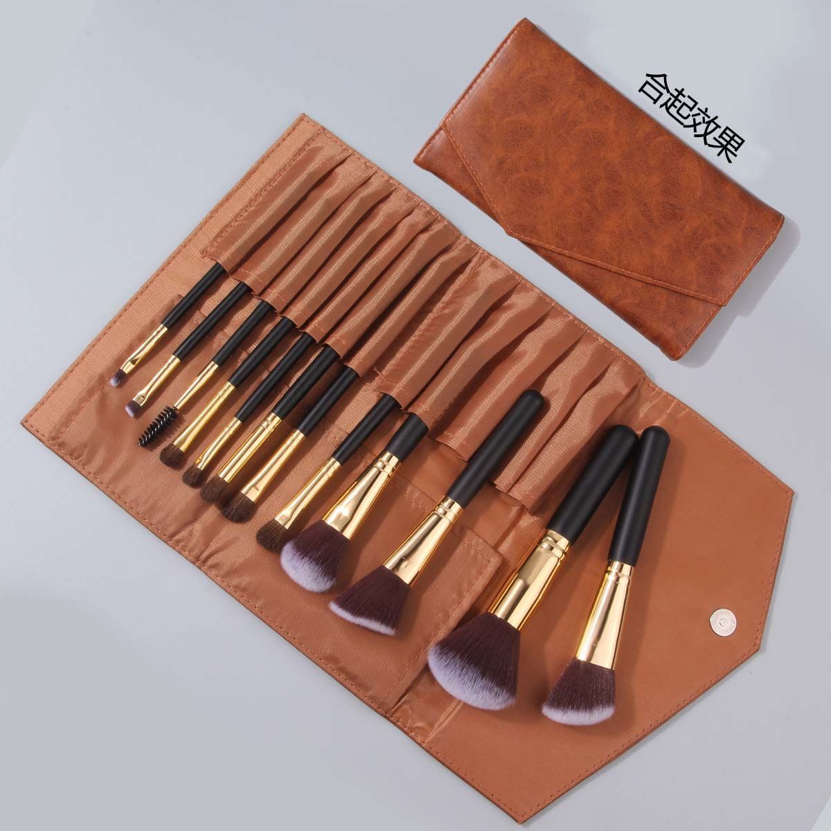 Travel set: 12 facial makeup brushes, soft bristle foundation, blush, eyeshadow brushes, portable retro brown envelope storage bag full figure