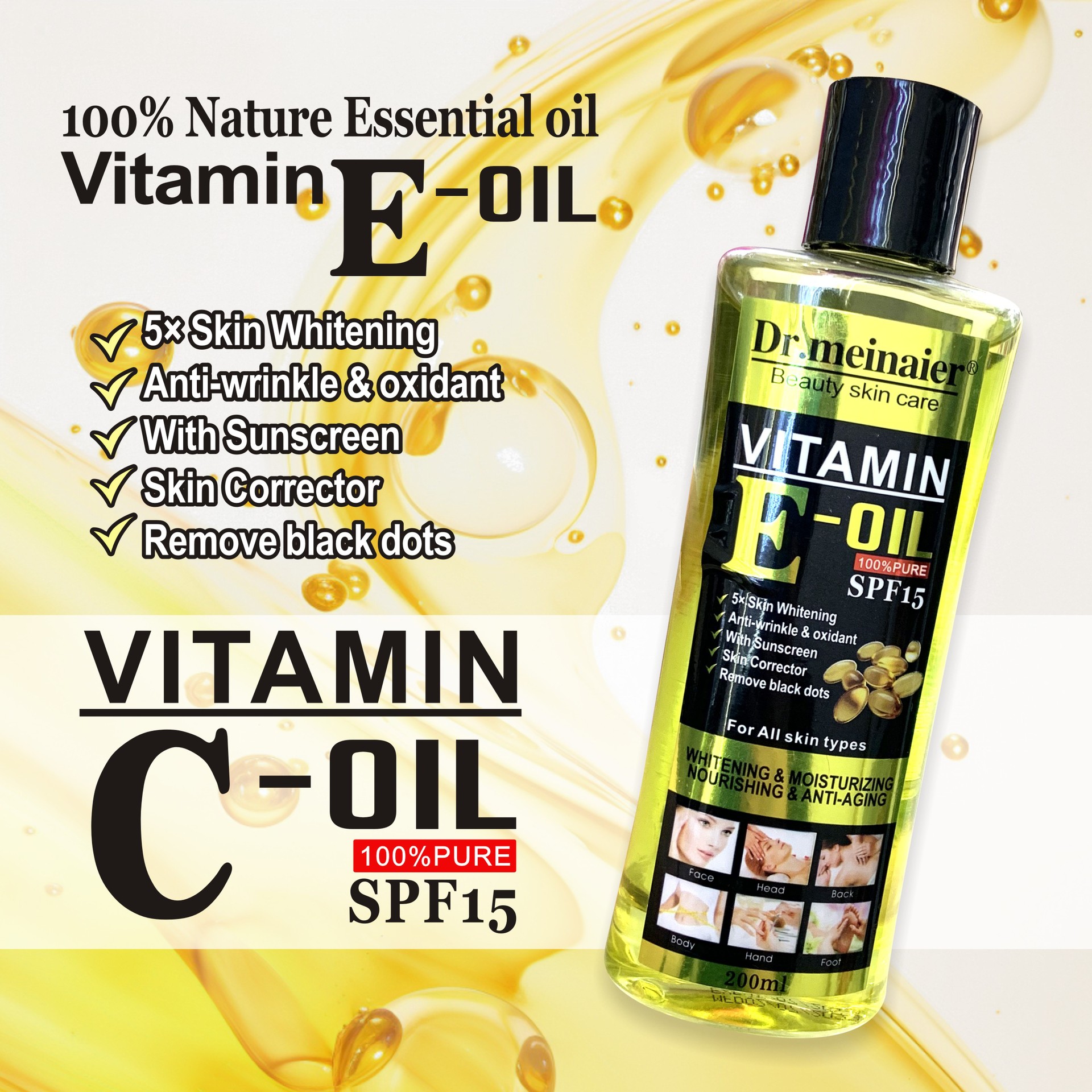 Cross-border essential oil VC VE oil Facial and Body Moisturizing Massage Oil Natural SPA Skin Care oil for export Application Scenario