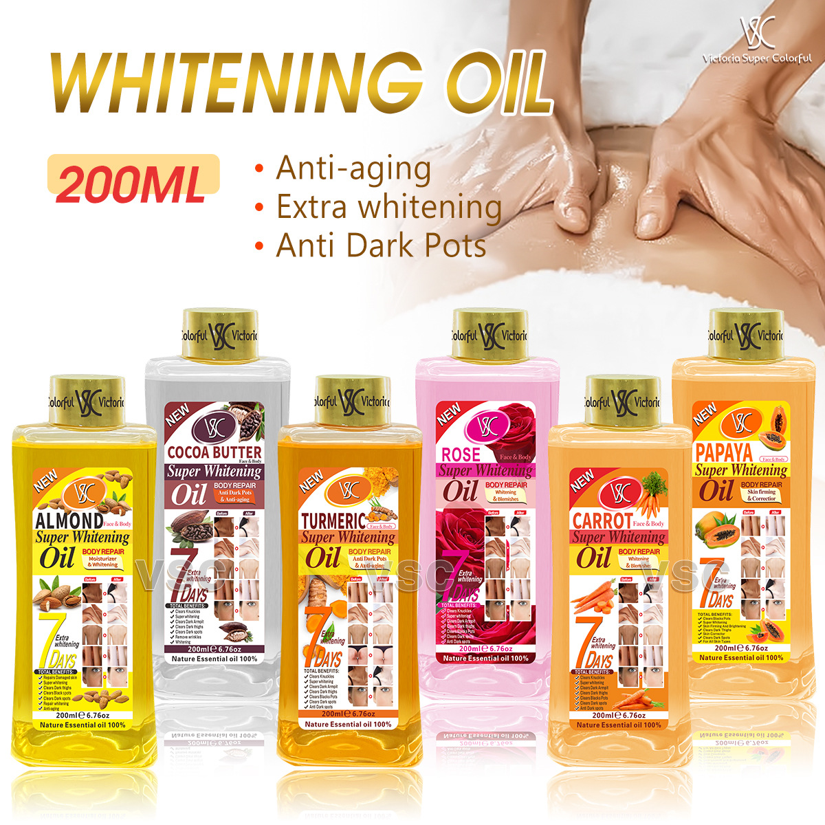 7-day Foreign trade Repair and Brightening VC Essential Oil Moisturizing and Unblocking Meridians Turmeric Essential Oil Full-body Massage Almond Massage Oil 200ml full figure