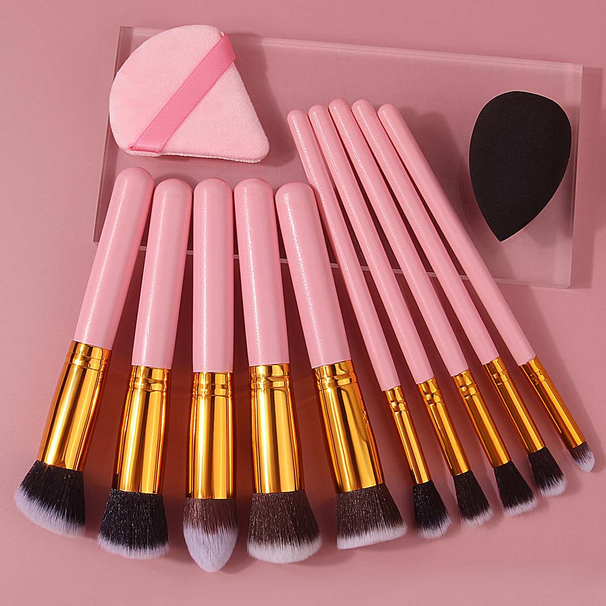 Pink 10-piece wooden-handled makeup brush set, foundation blush brush, triangular powder puff, beauty egg, beginner's beauty tools details Picture