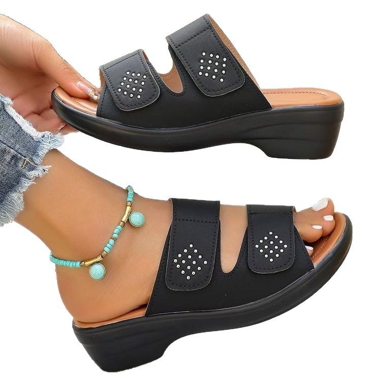 Cross-border foreign trade large-sized spring and summer new Korean style fish-mouth Velcro rhinestone slippers, flip-flops and women's shoes in stock wholesale Item Picture