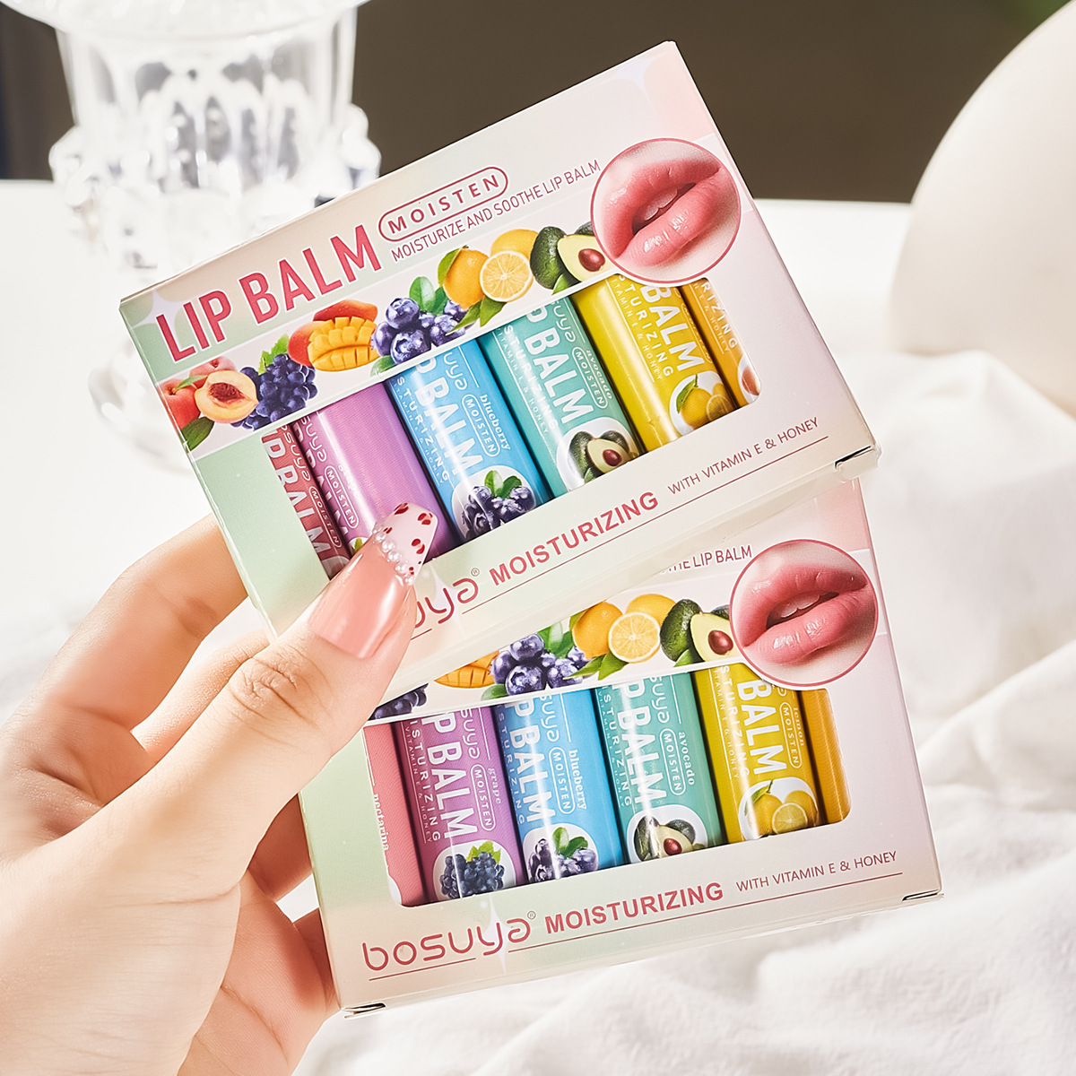 Bosuya Fruit-flavored Lip balm Set for moisturizing lips, cross-border exclusive supply, Best-selling lip balm factory wholesale full figure
