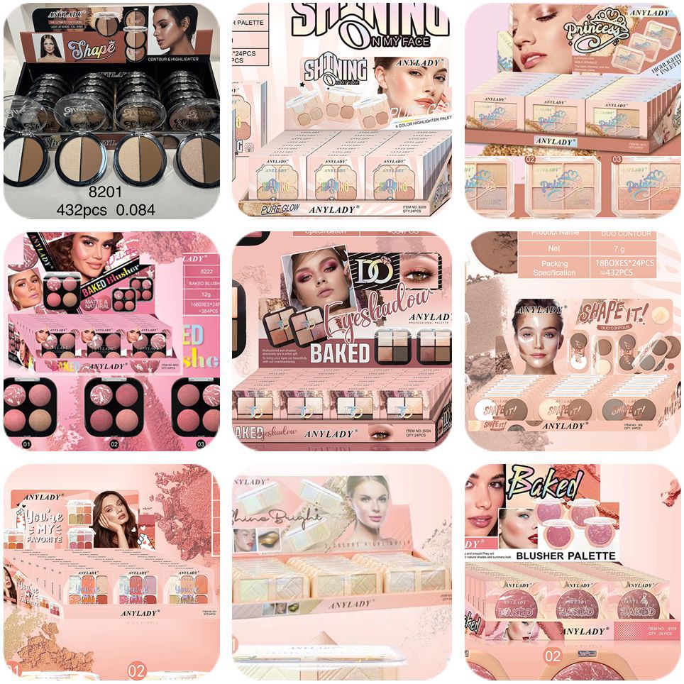 Only export 24 pieces of 【ANYLADY】 plastic shell eyeshadow, blush, contouring, high-gloss, pearlescent and matte makeup for foreign trade full figure