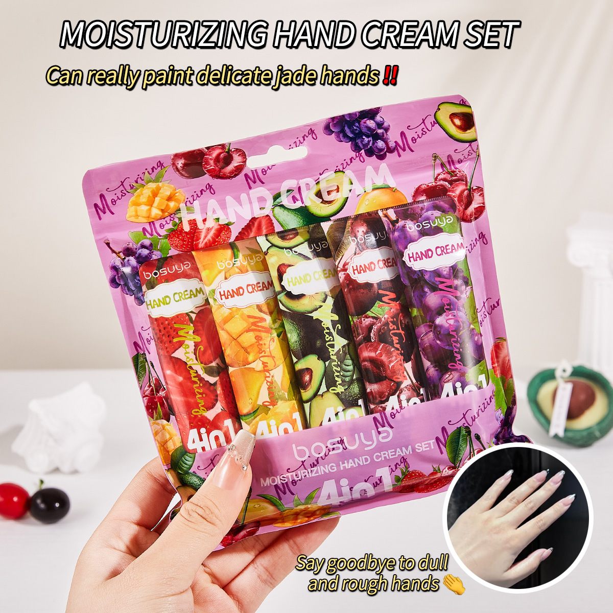 Cross-border exclusive bosuya 4in1 Fruit Hand Cream Moisturizing, Hydrating and Anti-cracking Light Fragrance Moisturizing Hand Cream details Picture