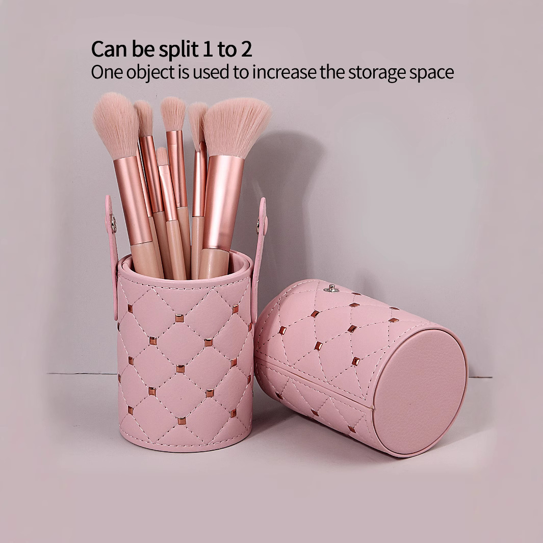 Cross-border best-selling makeup brush storage bucket, dust-proof and covered makeup brush storage bag, PU leather surface rivet bucket, fast delivery full figure