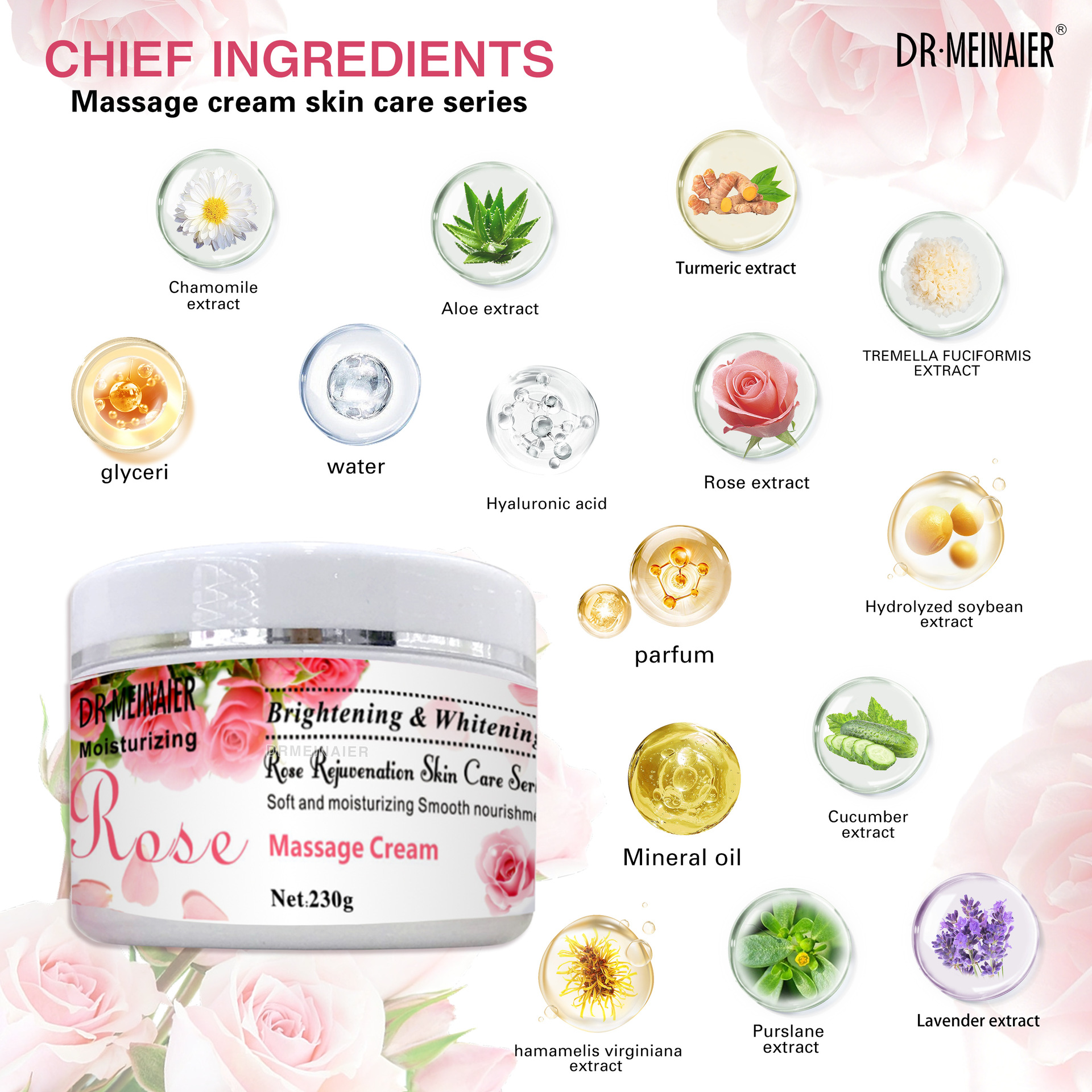 Cross-border foreign trade massage cream for facial and body, gentle and soothing skin, 230g factory wholesale Specification drawing