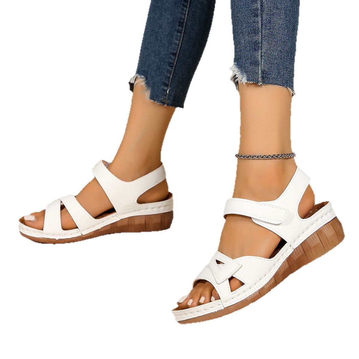 2025 new large-sized casual fish-mouth sandals, Roman-style sandals for outerwear with Velcro wedge heels and thick soles Item Picture