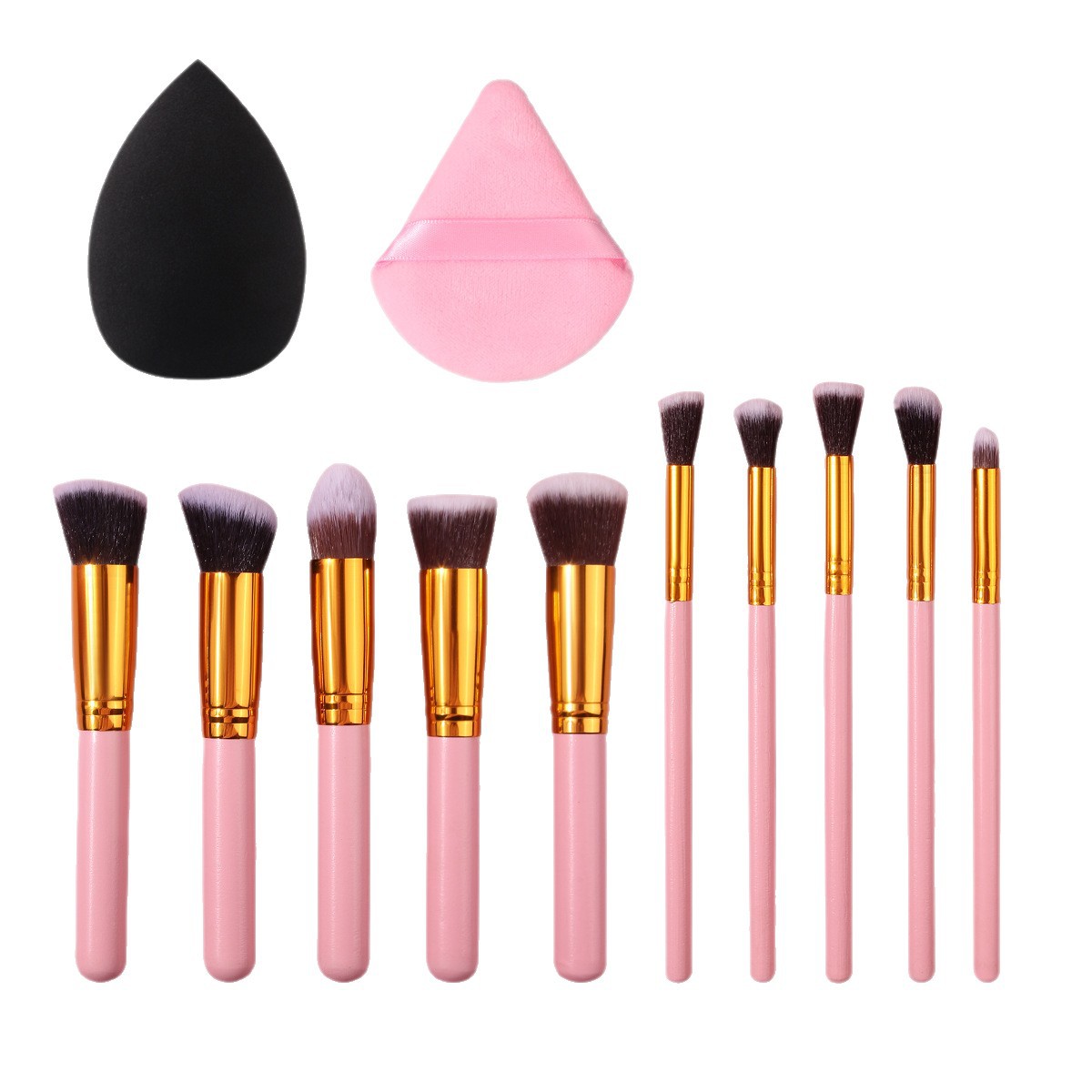 Pink 10-piece wooden-handled makeup brush set, foundation blush brush, triangular powder puff, beauty egg, beginner's beauty tools Item Picture
