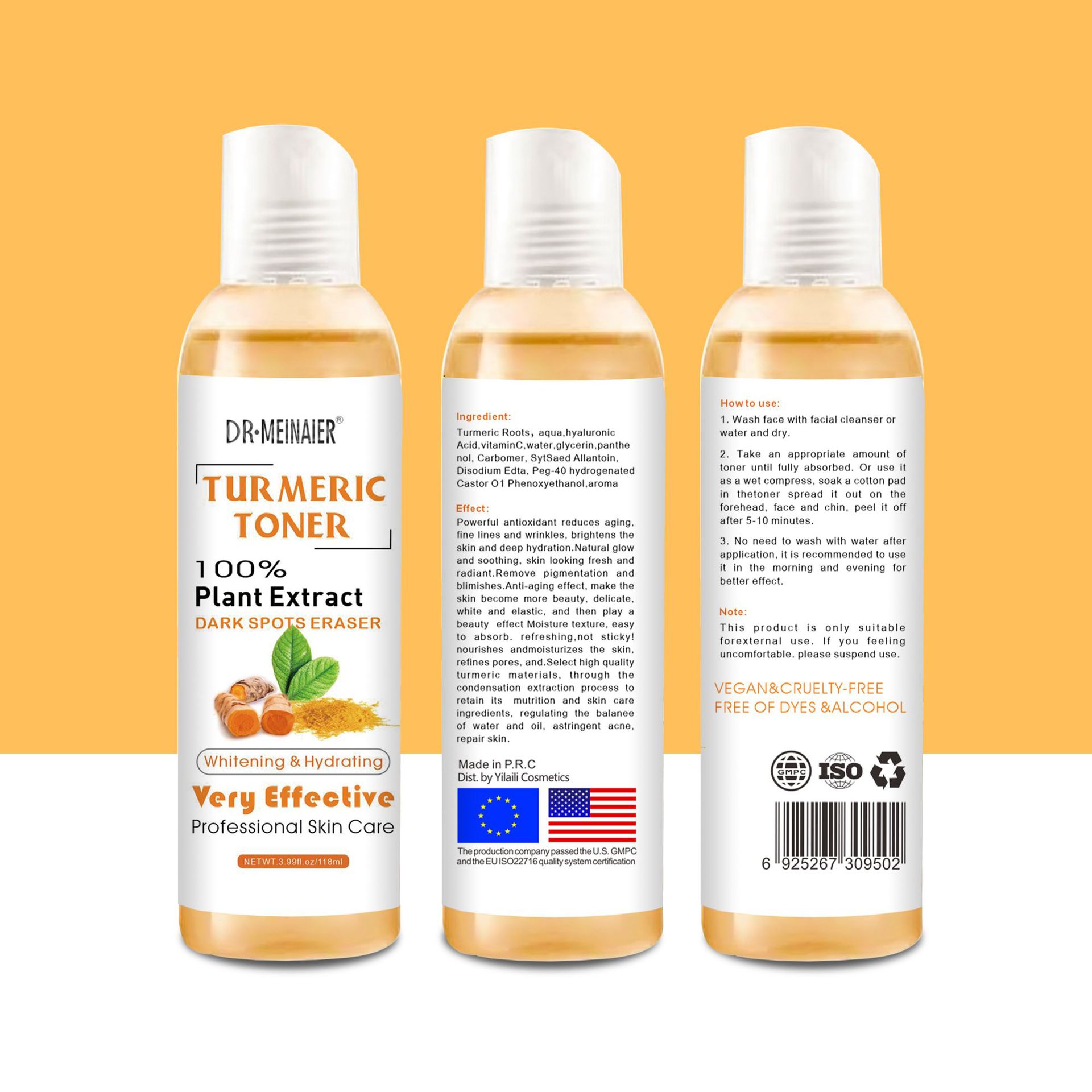 Cross-border Turmeric Toner Moisturizing, Hydrating, firming, Nourishing and Refreshing Skin Softening Essence Water 118ml Export wholesale details Picture