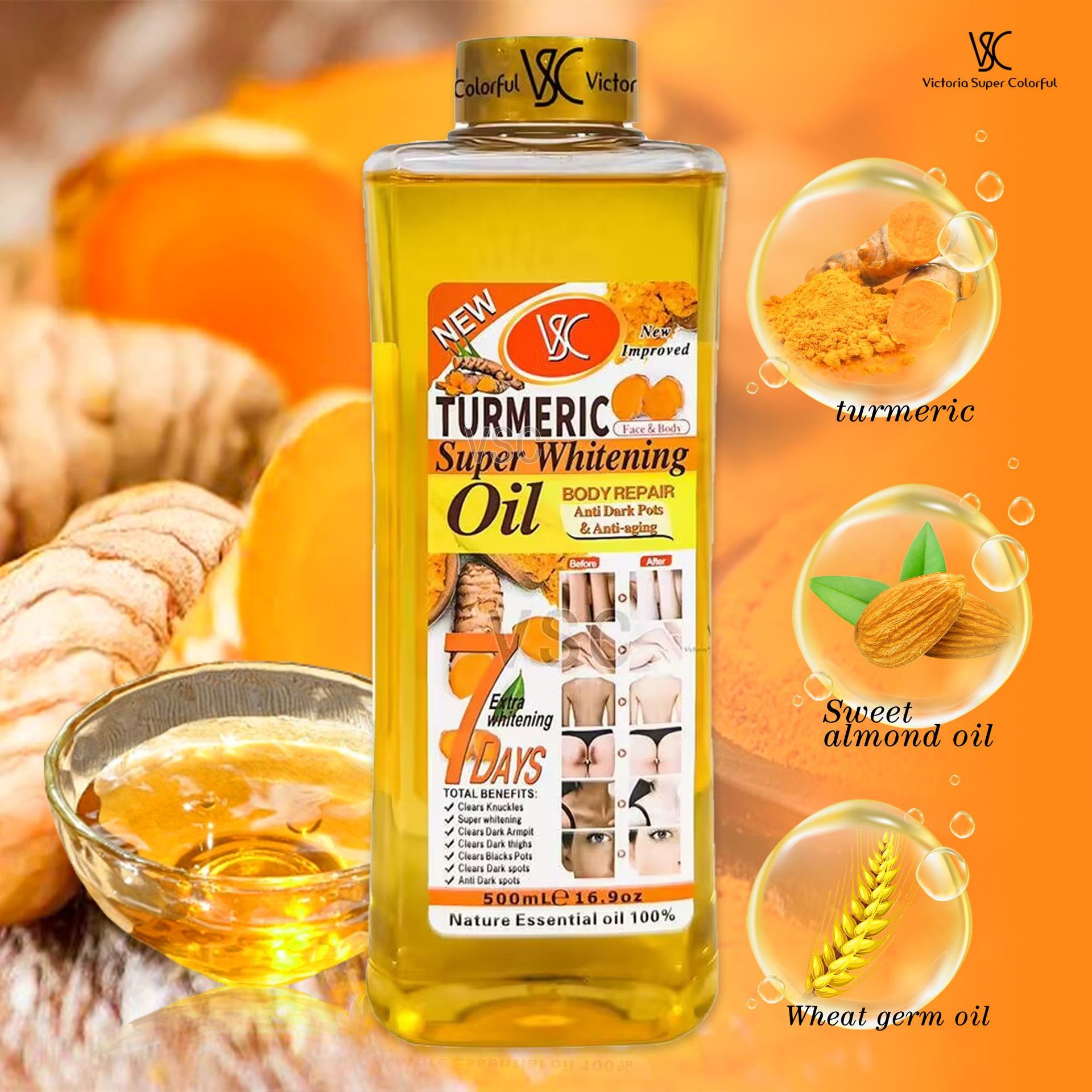 Cross-border bestseller Turmeric essential oil 500ml Almond body essential oil moisturizing massage SPA Facial massage brightening skin and removing dark spots Application Scenario
