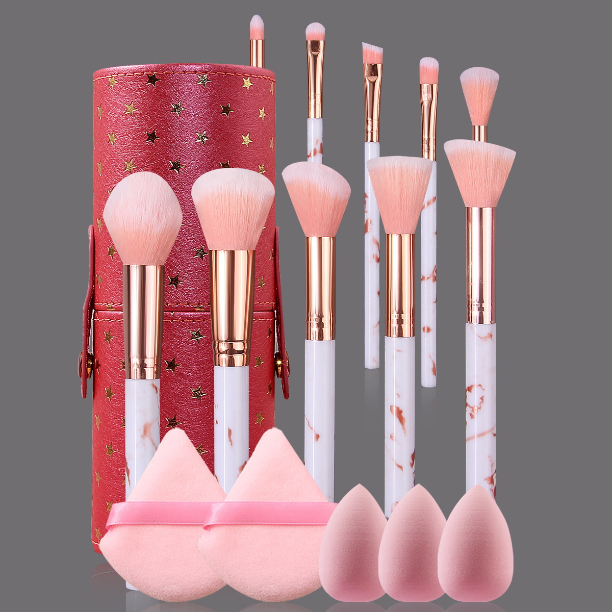 New 10-piece marble-patterned makeup brush set: eyeshadow brush, foundation brush, beauty egg triangle powder puff with storage bucket full figure