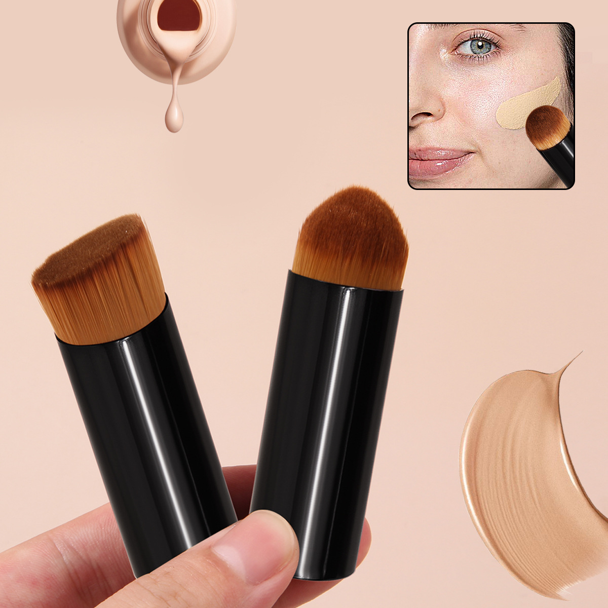 Two short-handled round-headed concealer brushes with angled corners, no marks, no makeup, compact and portable professional makeup brushes, bestsellers full figure