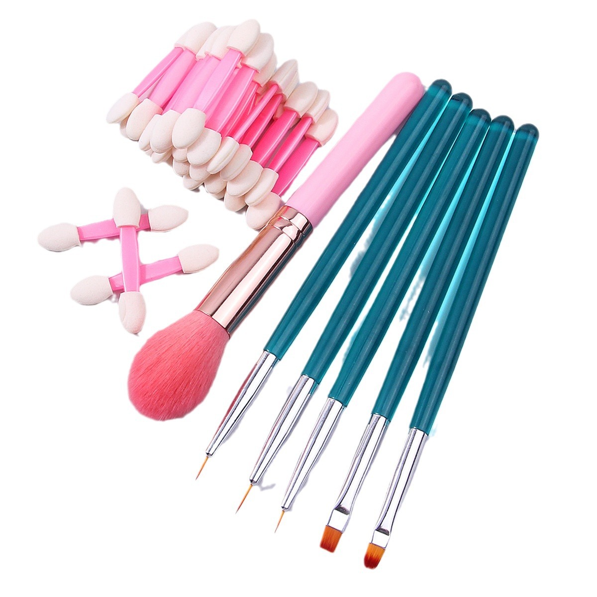 Nail art tools: Double-headed sponge, smudge brush, flame dust brush, 5 nail art brushes, nail outline and outlining brushes Item Picture