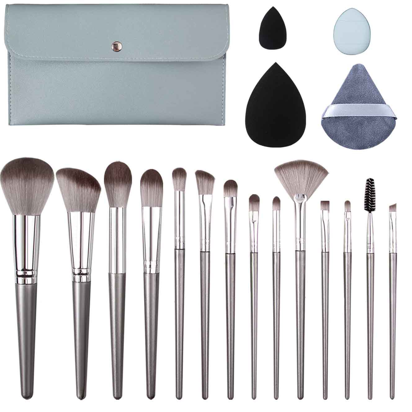 14 silver-handled makeup brushes in stock, dry and wet dual-purpose beauty egg sponge powder puff with large capacity makeup bag Item Picture