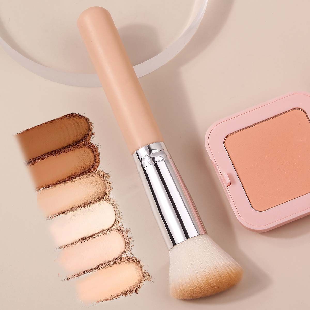 Hot-selling cross-border single blush brush, portable soft bristle wooden handle loose powder setting brush, round slanting contactor brush, factory direct sales full figure