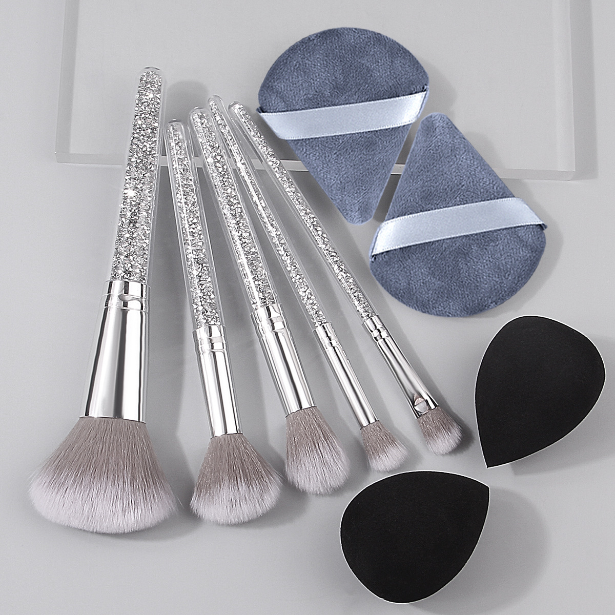 Silver 5-diamond makeup brush set, soft bristle facial makeup brush, dry and wet dual-purpose beauty egg triangle powder puff full figure