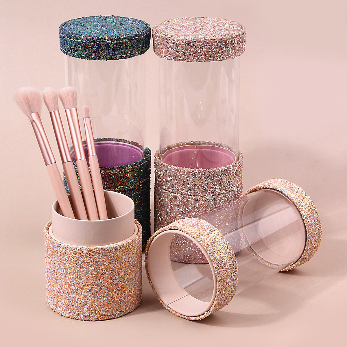 Transparent makeup brush bucket, sequined glitter, beauty tool box, multi-functional portable makeup brush cylinder full figure