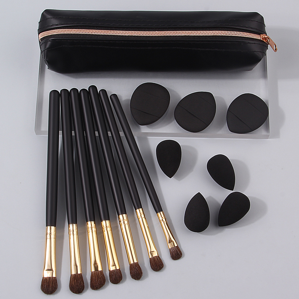 7-piece Pony hair eye makeup brush, soft bristle eyeshadow brush, highlighter brush, nose shadow brush, portable sponge powder puff, makeup bag Specification drawing
