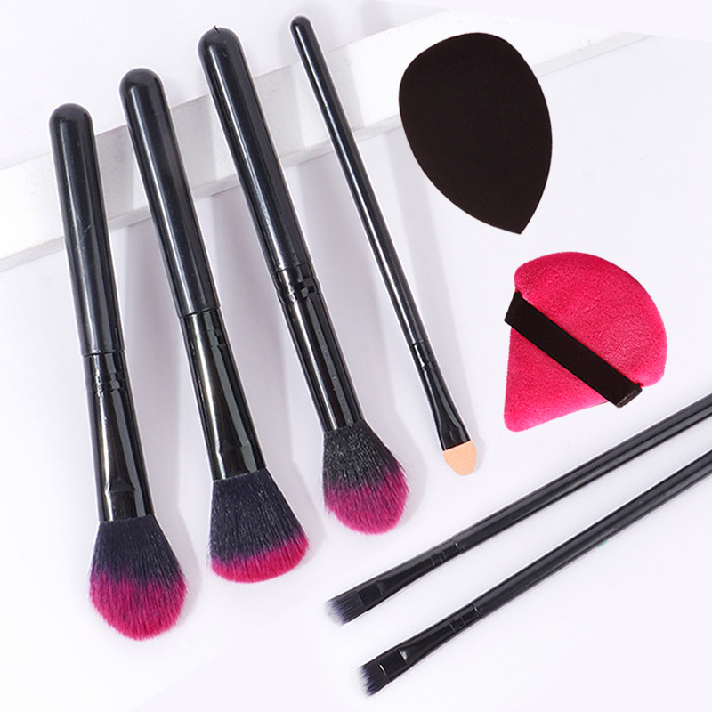 Black 6-piece makeup brush set, soft bristle eyeshadow brush, angled eyebrow brush, beginner's cute sponge powder puff, beauty egg details Picture