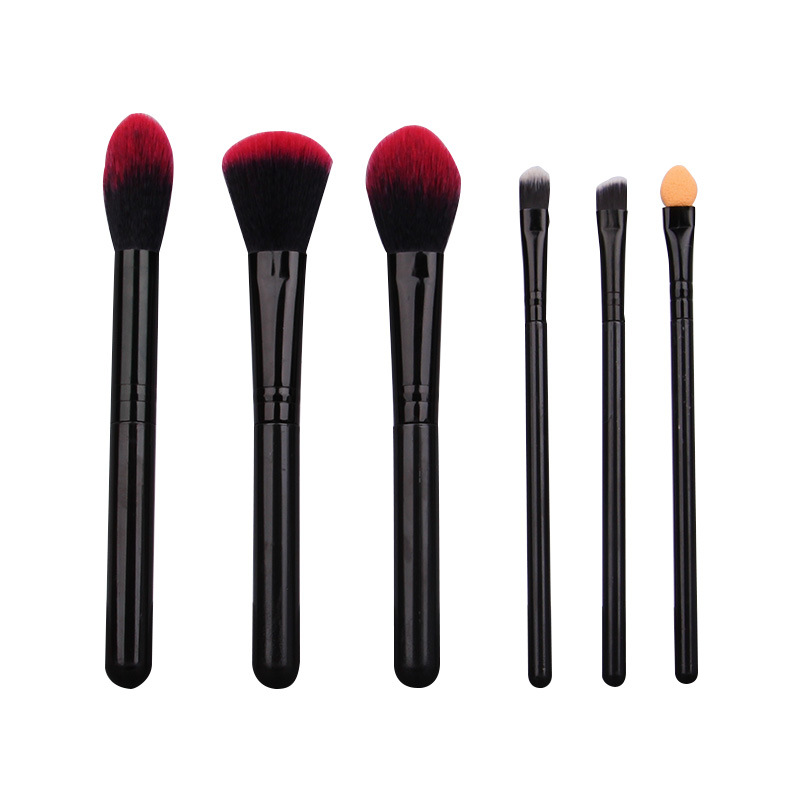 Black 6-piece makeup brush set, soft bristle eyeshadow brush, angled eyebrow brush, beginner's cute sponge powder puff, beauty egg Item Picture