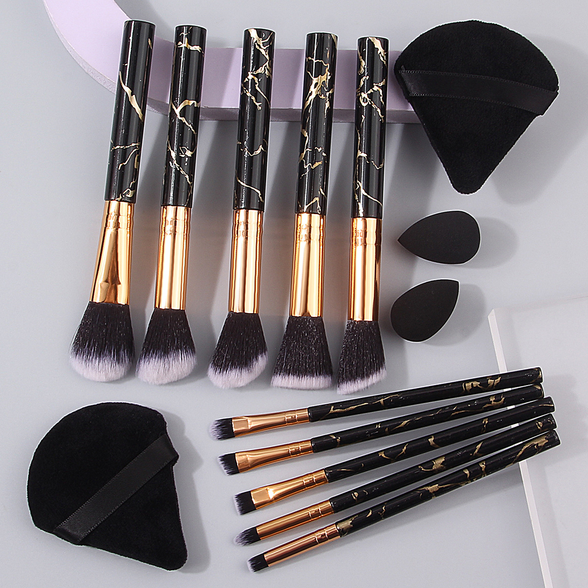 New 10-piece marble-patterned makeup brush set, portable and professional beauty tools, water drop beauty egg triangular powder puff Specification drawing