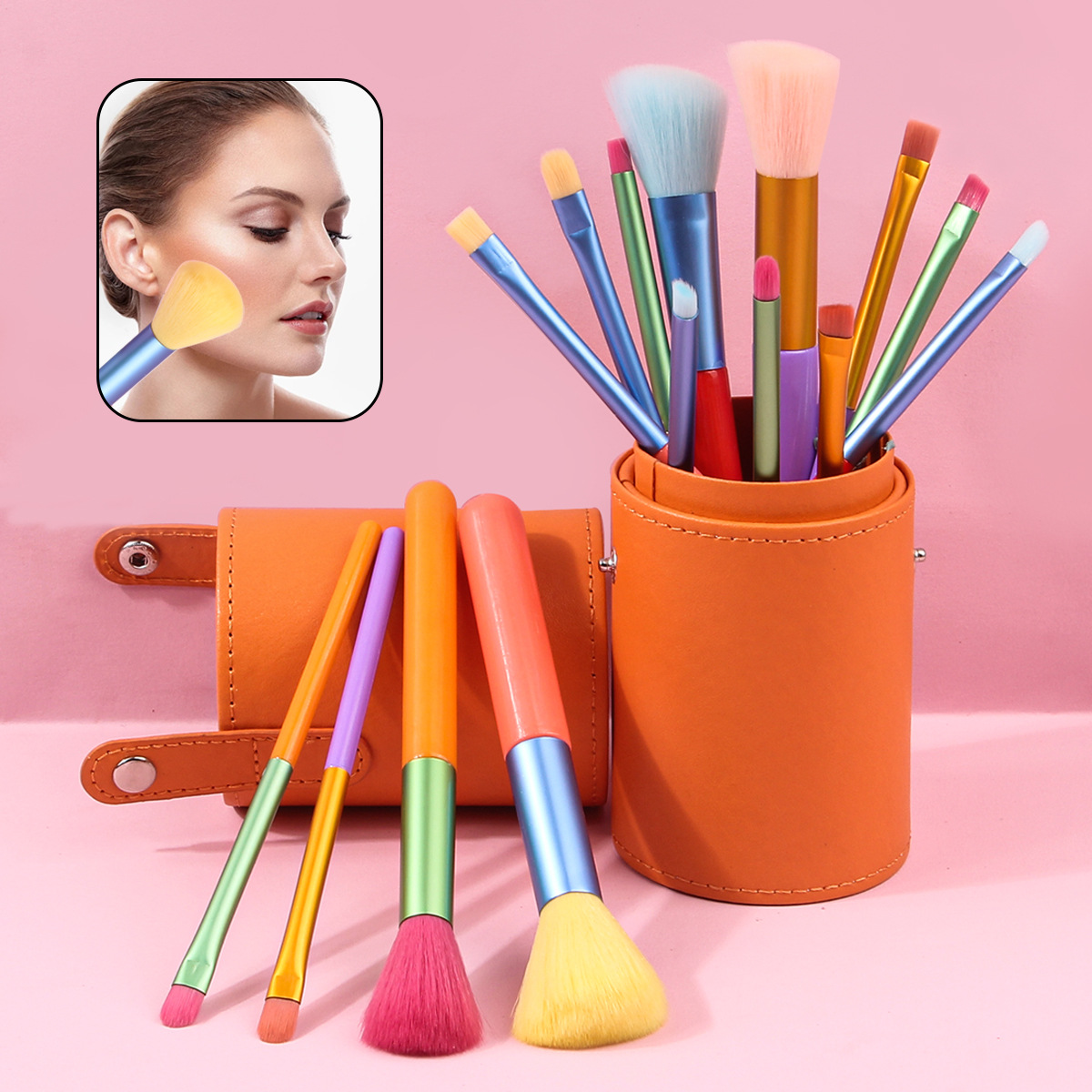 15 watercolor makeup brushes, soft eyeshadow blush brushes, foundation brushes, orange storage bucket, portable set and combination tools full figure