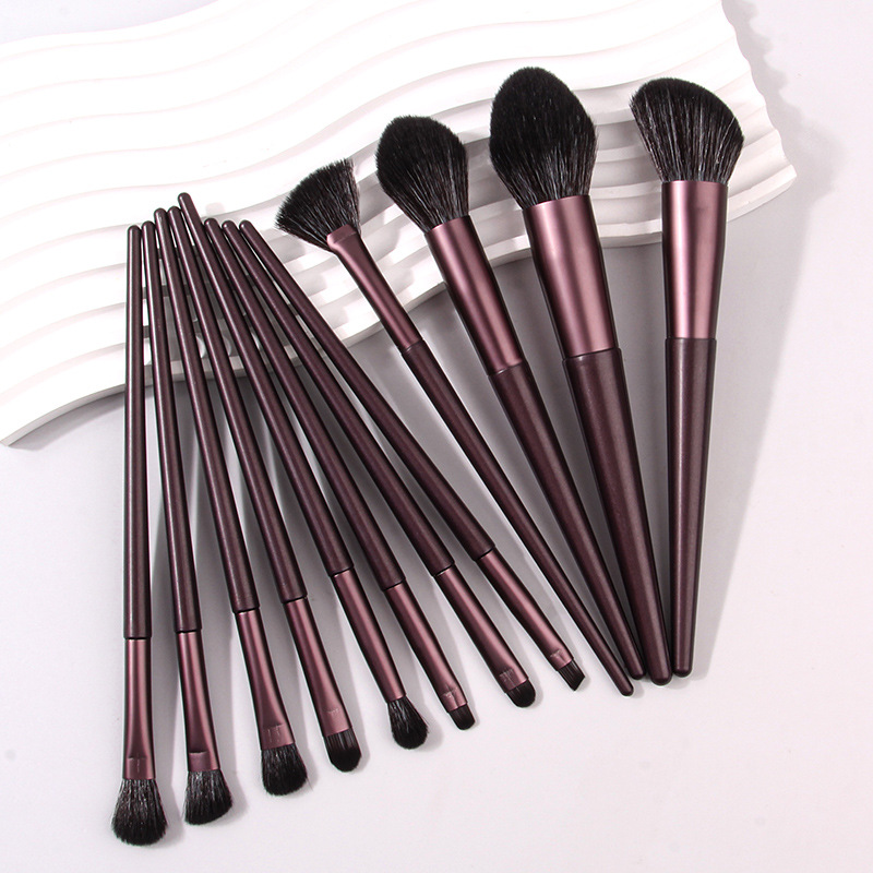 12-piece black and brown makeup brush set, soft bristle setting, loose powder brush, portable flame-shaped blush brush, eyeshadow brush wholesale details Picture
