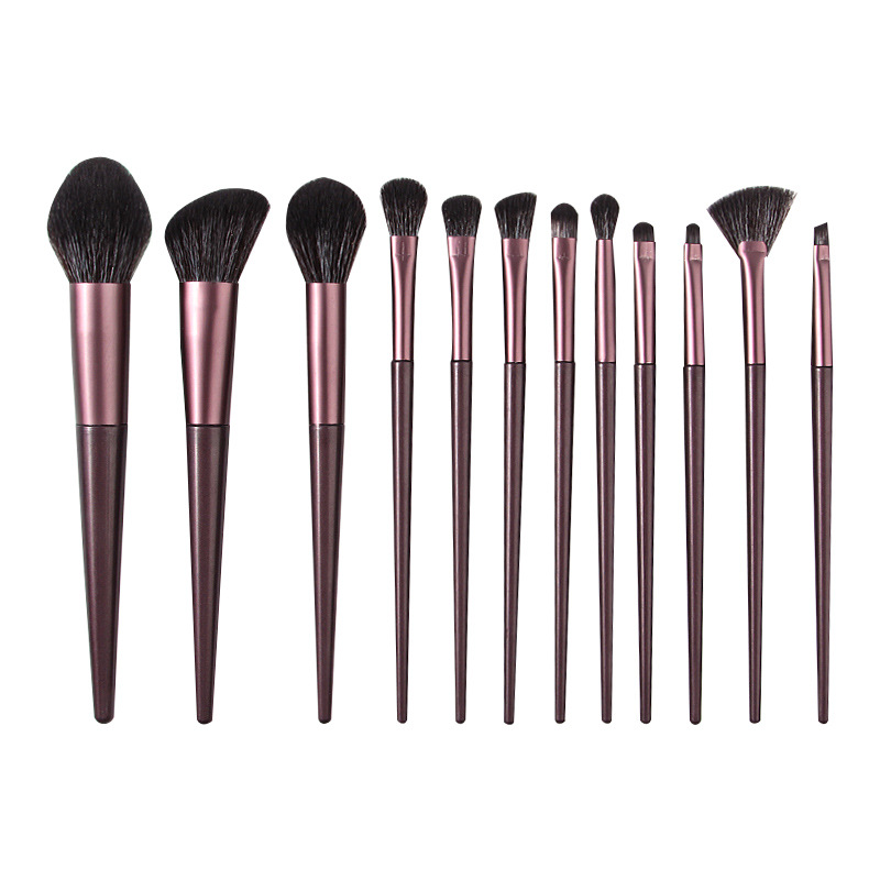 12-piece black and brown makeup brush set, soft bristle setting, loose powder brush, portable flame-shaped blush brush, eyeshadow brush wholesale Item Picture