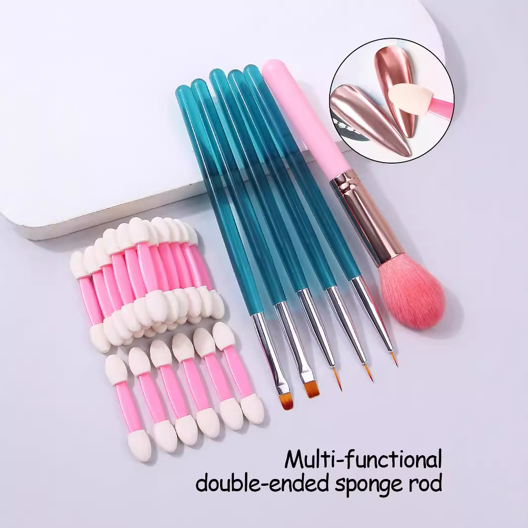 Nail art tools: Double-headed sponge, smudge brush, flame dust brush, 5 nail art brushes, nail outline and outlining brushes details Picture