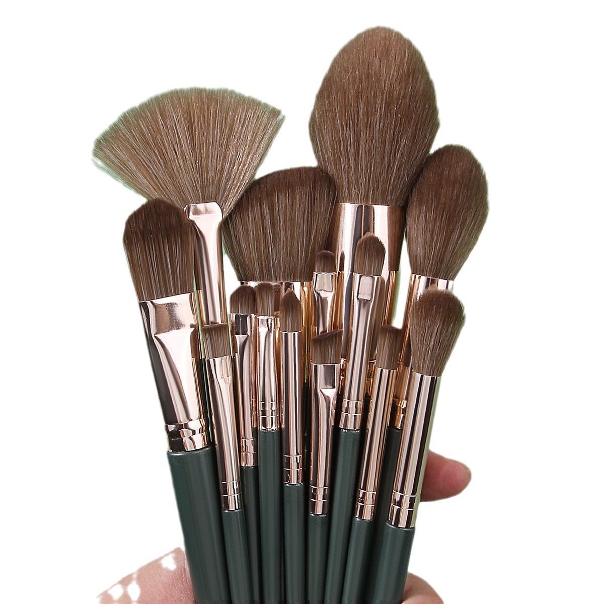 Beginner's 14-piece Green Cloud Makeup Eyeshadow Powder, Powder Brush, Foundation, Liquid Makeup, Sponge Egg Setting Powder Puff, Complete Set of makeup brushes Item Picture