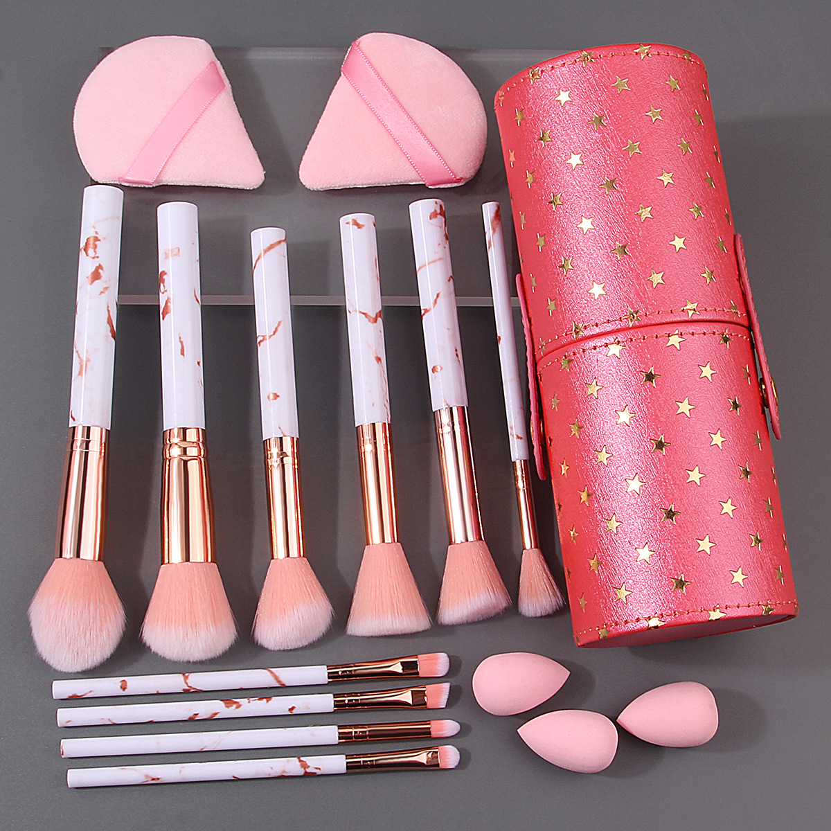 New 10-piece marble-patterned makeup brush set: eyeshadow brush, foundation brush, beauty egg triangle powder puff with storage bucket Specification drawing