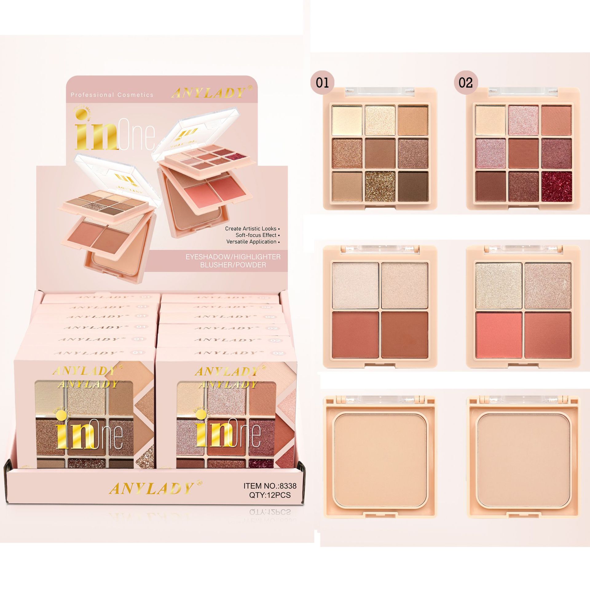 8338 Three-layer Makeup Palette with eyeshadow, blush, highlight and powder compacts for export and foreign trade [ANYLADY] New style full figure