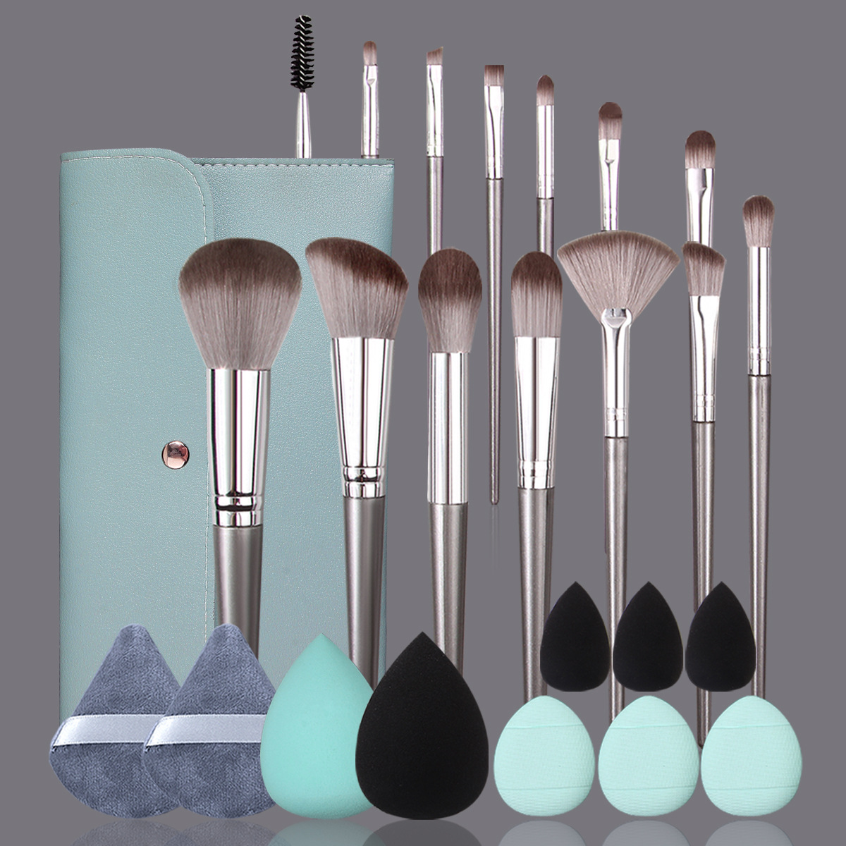 14 silver-handled makeup brushes in stock, dry and wet dual-purpose beauty egg sponge powder puff with large capacity makeup bag full figure