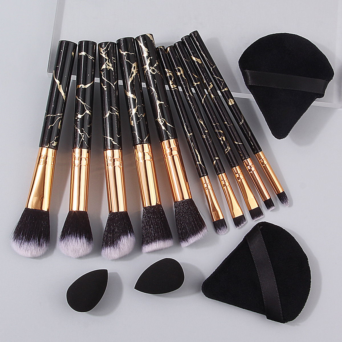 New 10-piece marble-patterned makeup brush set, portable and professional beauty tools, water drop beauty egg triangular powder puff full figure