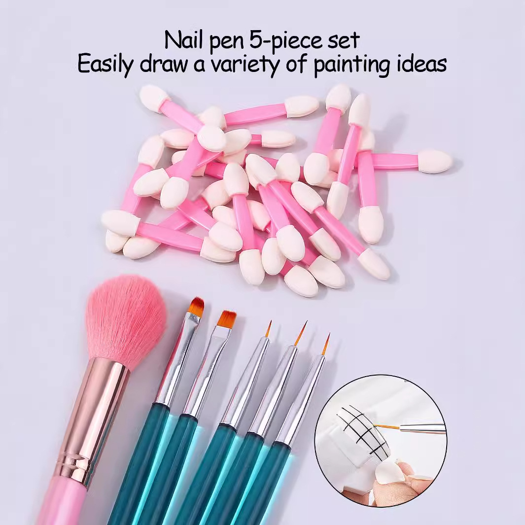 Nail art tools: Double-headed sponge, smudge brush, flame dust brush, 5 nail art brushes, nail outline and outlining brushes Specification drawing