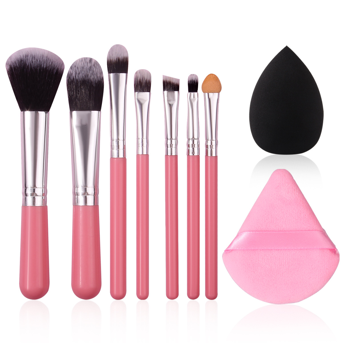 Travel portable 7-piece makeup brush set: Mini loose powder, blush brush, eyeshadow brush, comes with a triangular powder puff and sponge egg Item Picture