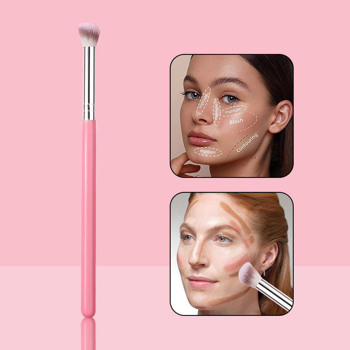 Essential makeup tools for a delicate look: concealer brush, nose shadow contouring brush, brightening blush brush, eyeshadow brush full figure
