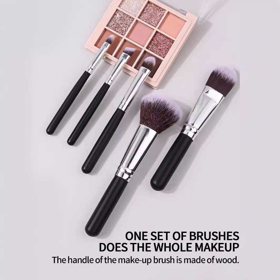 Short-handled 5-piece makeup brush, blush brush, eyeshadow brush, black and silver, wooden-handled makeup set, hand refresh mini makeup tool details Picture