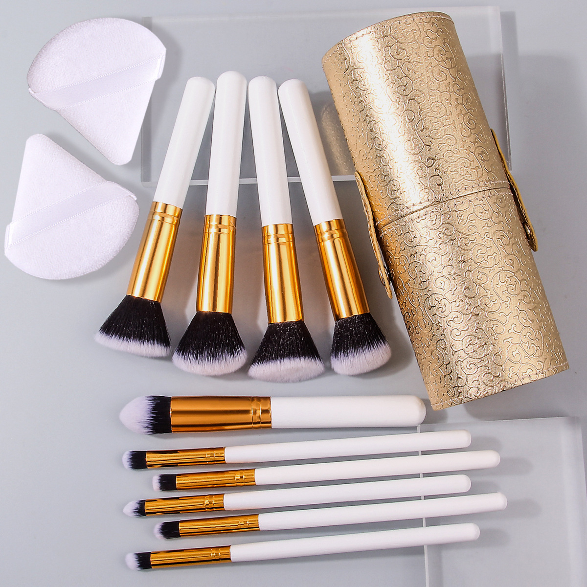 New 10-piece makeup brush set: portable loose powder brush, blush brush, contouring brush, sponge powder puff with makeup bucket Specification drawing
