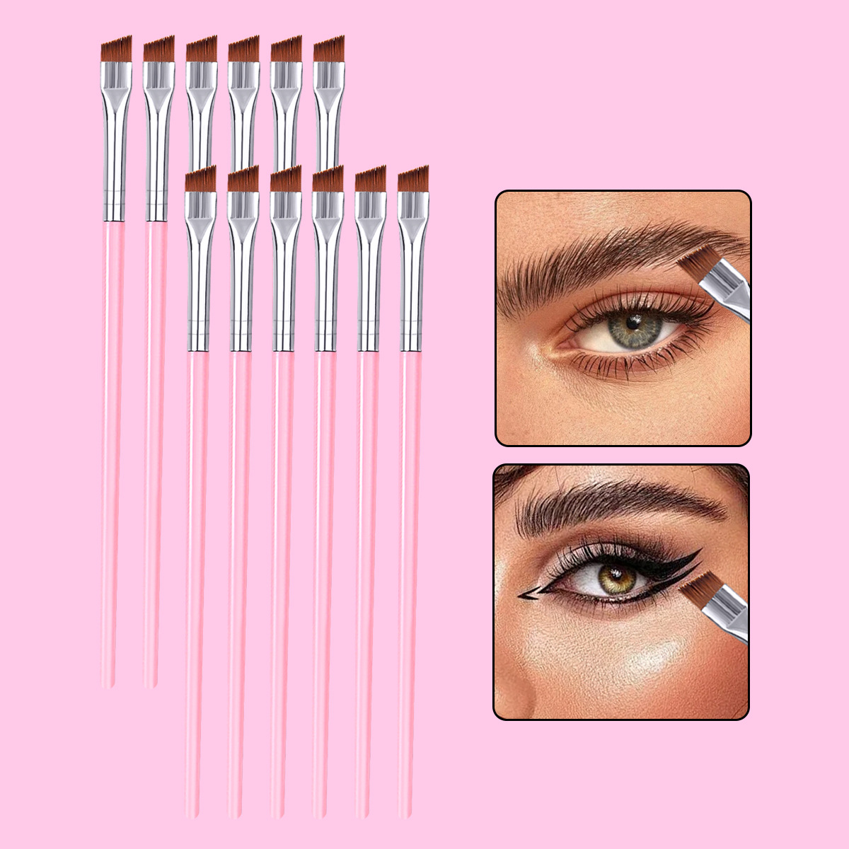 Manufacturer's in-stock makeup tools: knife-edge eyeliner brush, eye and face down to under-eye detail brush. Pure handcrafted beauty tools full figure
