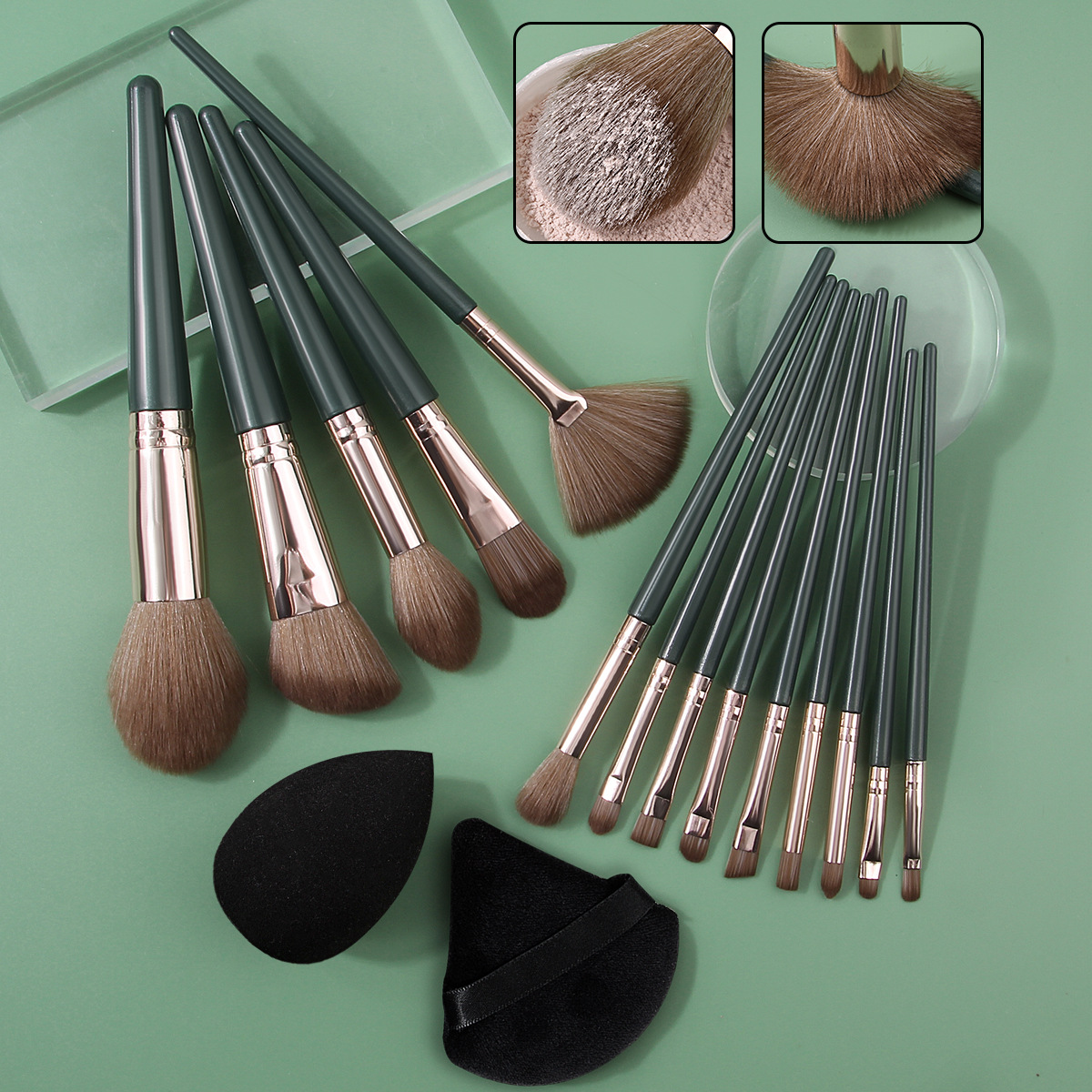 Beginner's 14-piece Green Cloud Makeup Eyeshadow Powder, Powder Brush, Foundation, Liquid Makeup, Sponge Egg Setting Powder Puff, Complete Set of makeup brushes full figure