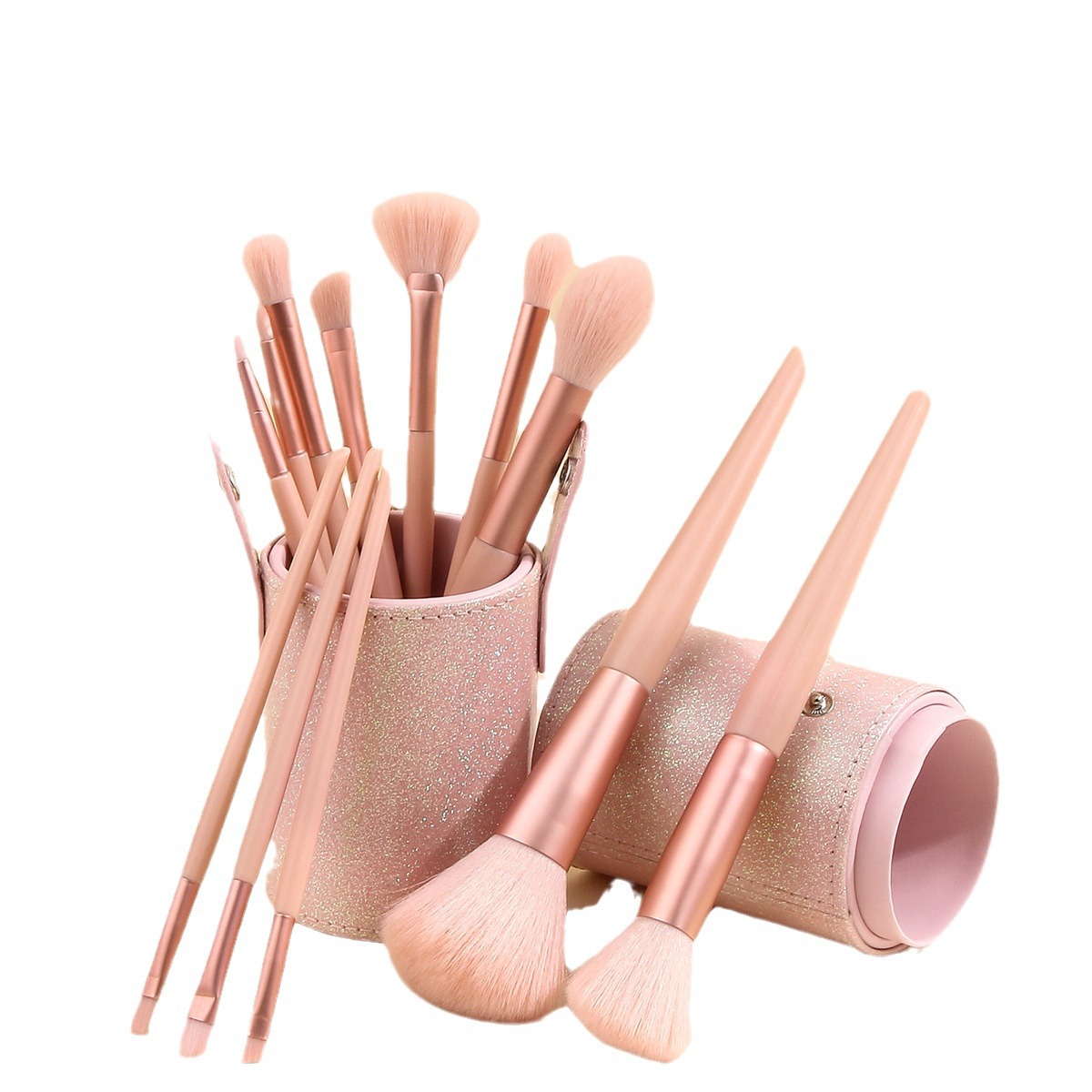 12 nude pink makeup brushes, loose powder, blush, eyeshadow, concealer, setting brushes, PU makeup brushes, bucket set brushes in stock Item Picture