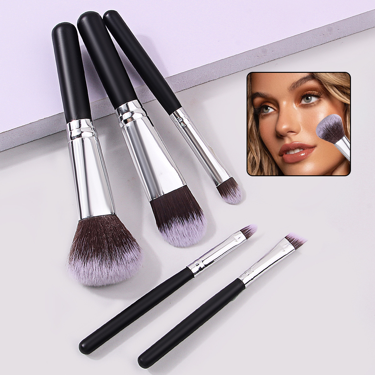 Short-handled 5-piece makeup brush, blush brush, eyeshadow brush, black and silver, wooden-handled makeup set, hand refresh mini makeup tool full figure