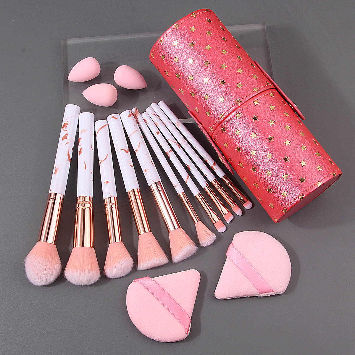 New 10-piece marble-patterned makeup brush set: eyeshadow brush, foundation brush, beauty egg triangle powder puff with storage bucket details Picture
