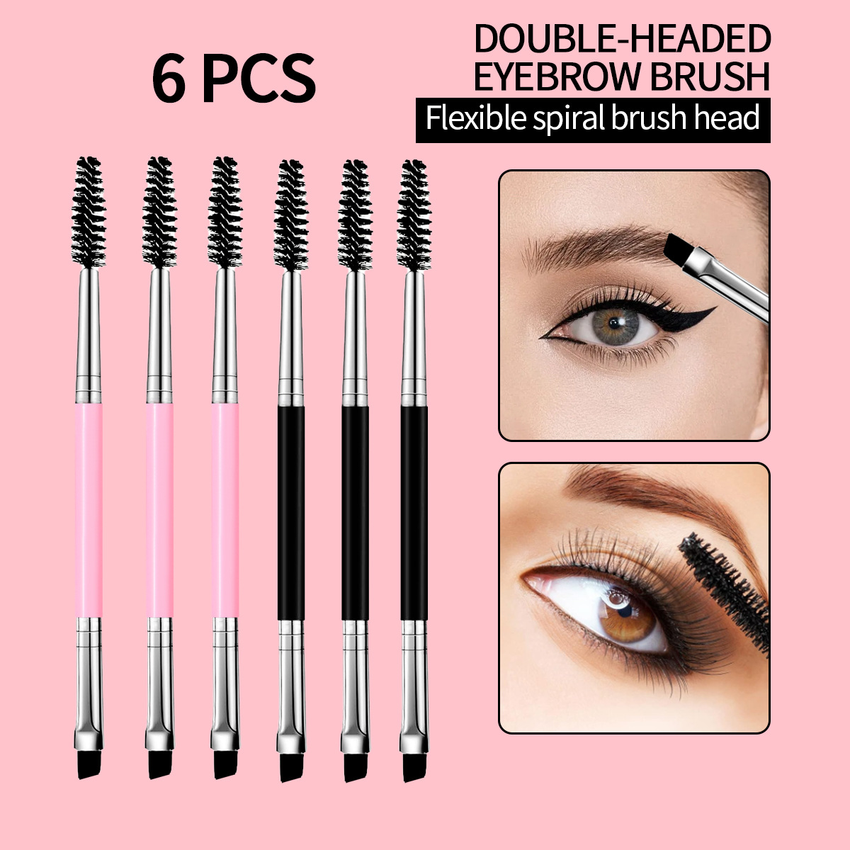 6-piece double-headed eyelash brush, eyebrow brush, convenient eye makeup set brush, spiral eyebrow comb brush, multi-functional angled eyeliner brush full figure
