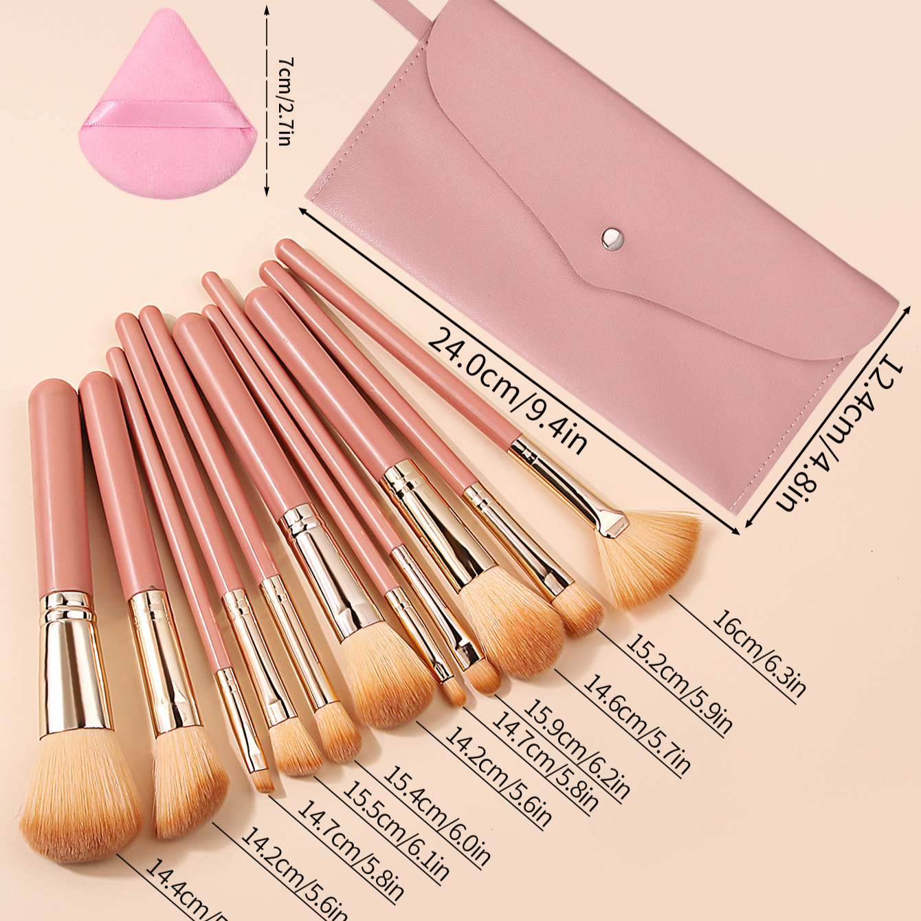 11 pink makeup brushes set with storage bag + triangular powder puff beauty tools in full stock for wholesale Application Scenario