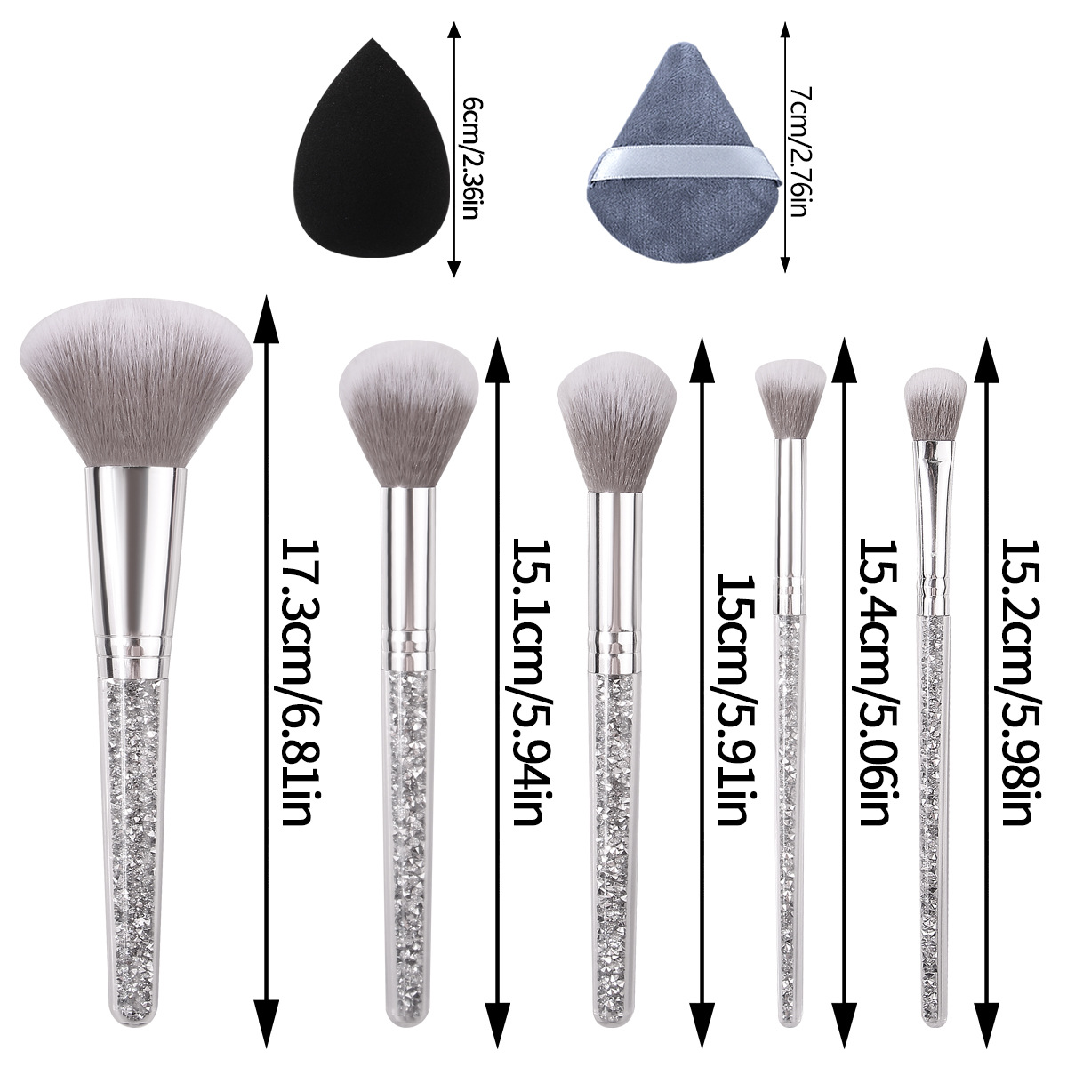 Silver 5-diamond makeup brush set, soft bristle facial makeup brush, dry and wet dual-purpose beauty egg triangle powder puff Item Picture