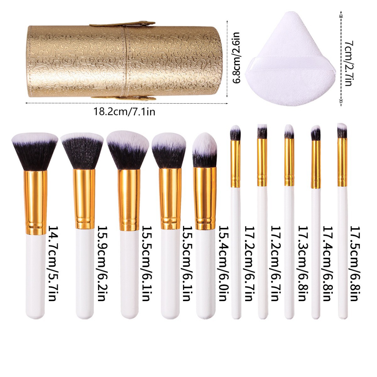 New 10-piece makeup brush set: portable loose powder brush, blush brush, contouring brush, sponge powder puff with makeup bucket Item Picture